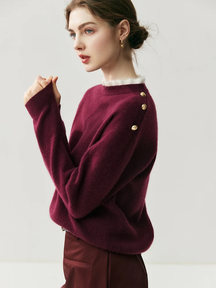 

TLOML Women O-neck Ruched Collar Pullover 100% Cashmere Sweater Autumn Winter Thick Cashmere Knitwear Metal Buttons Design Tops