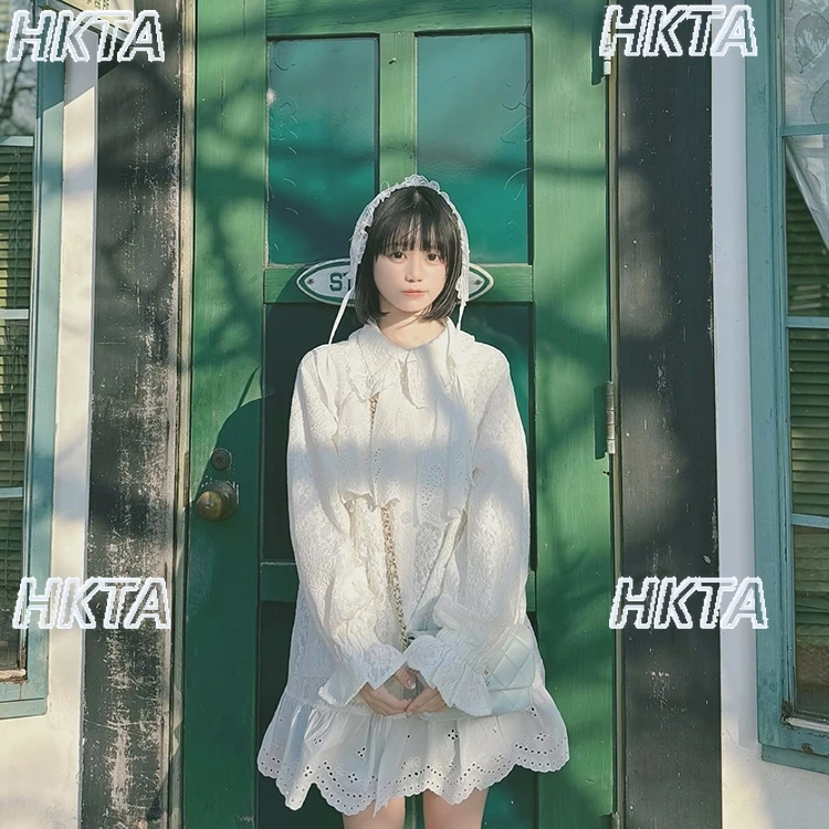 Vestido de manga larga con volantes y encaje bordado japonés para mujer, novedad de otoño, vestido camisero holgado de talla grande con cuello con volantes