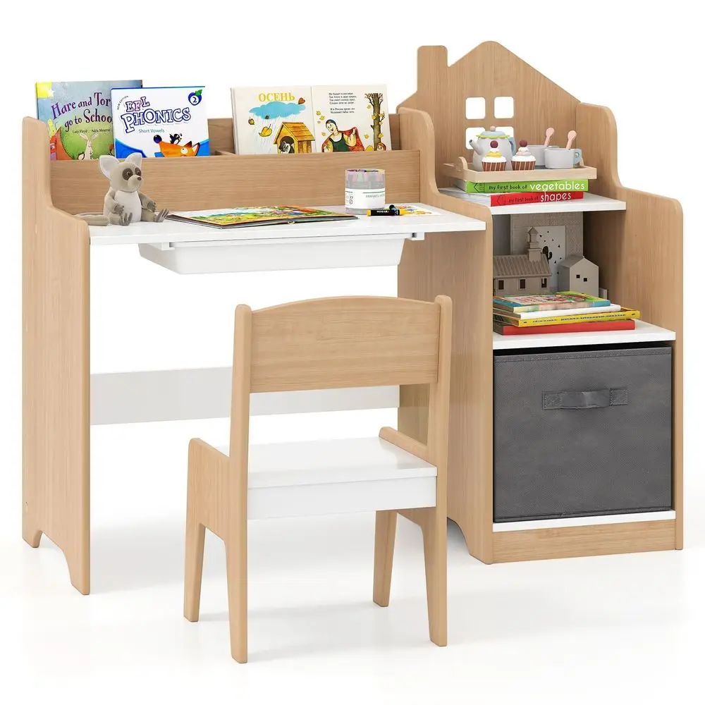 Kids Desk and Chair Set, Wooden Children MultiActivity Table with Hutch, Bookshelf, Drawer amp Fabric Storage Bin, Kids Table an