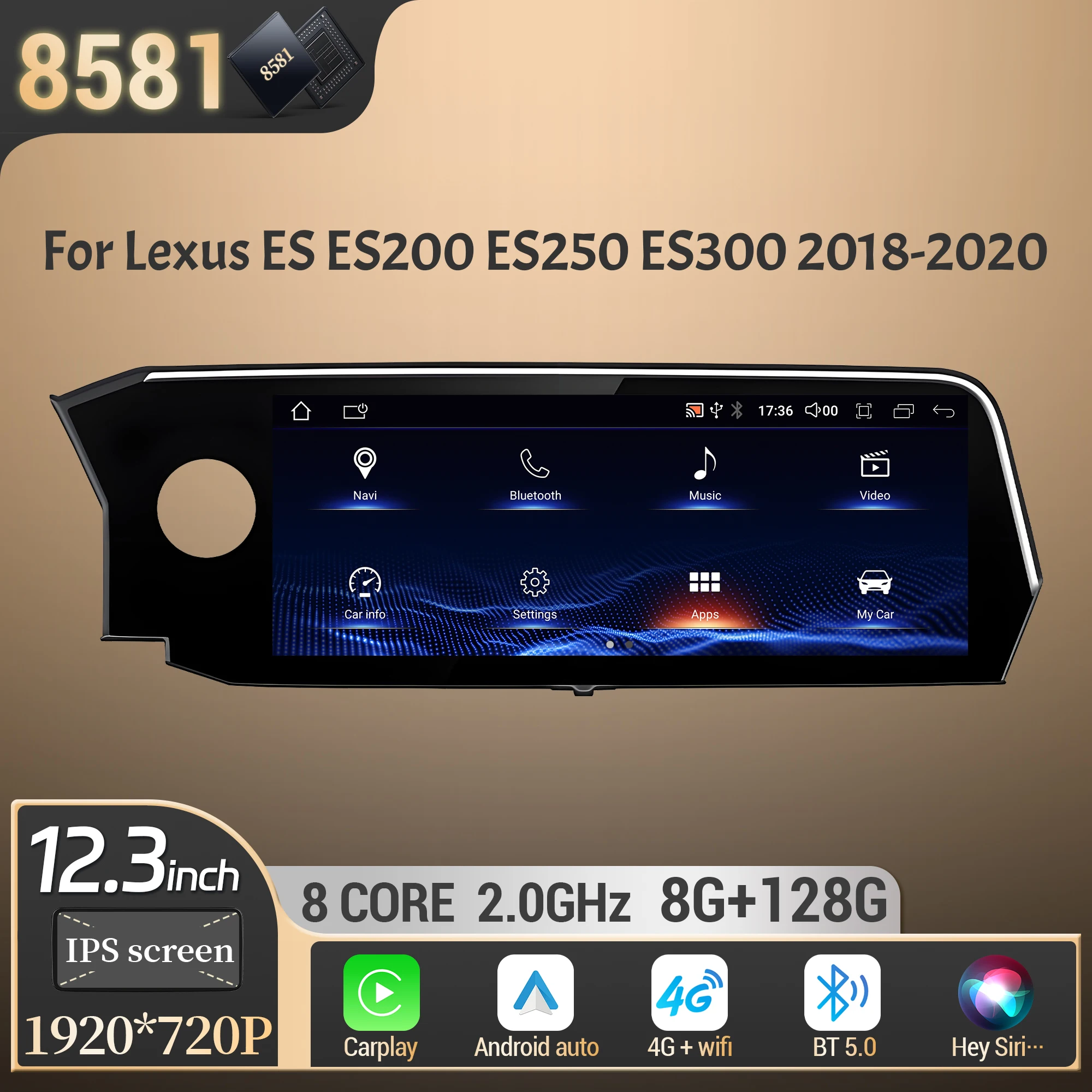 

12.3" For Lexus ES ES200 ES250 ES300 2018-2020 Car Radio Multimedia Navigation Wireless Bluetooth CarPlay Touch Screen Stereo