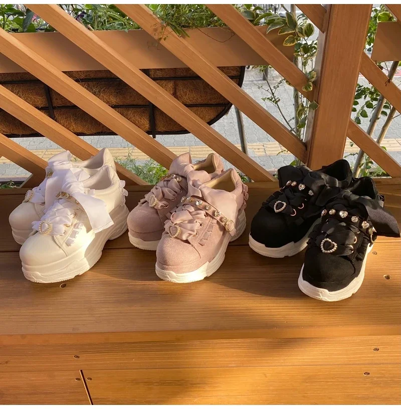 Japanese Sweet Lolita Heart Shape Rhinestone Bowknot Platform Sneaker Spring and Autumn Sweet Pink Casual Shoes Women\'s Shoes