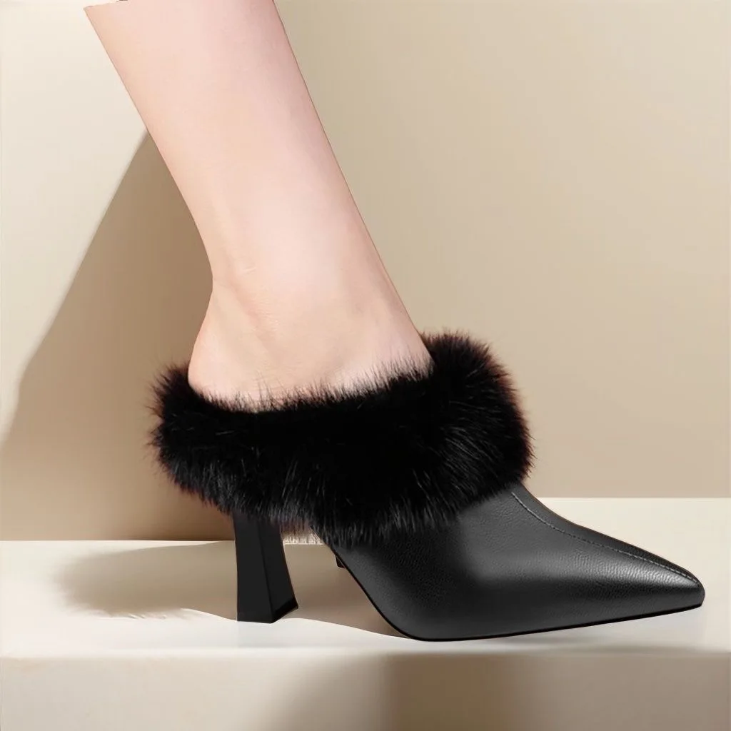 

Women's slippers outside the autumn and winter to wear a new style of hairy pointy high heels lazy fashion women's shoes Beianji