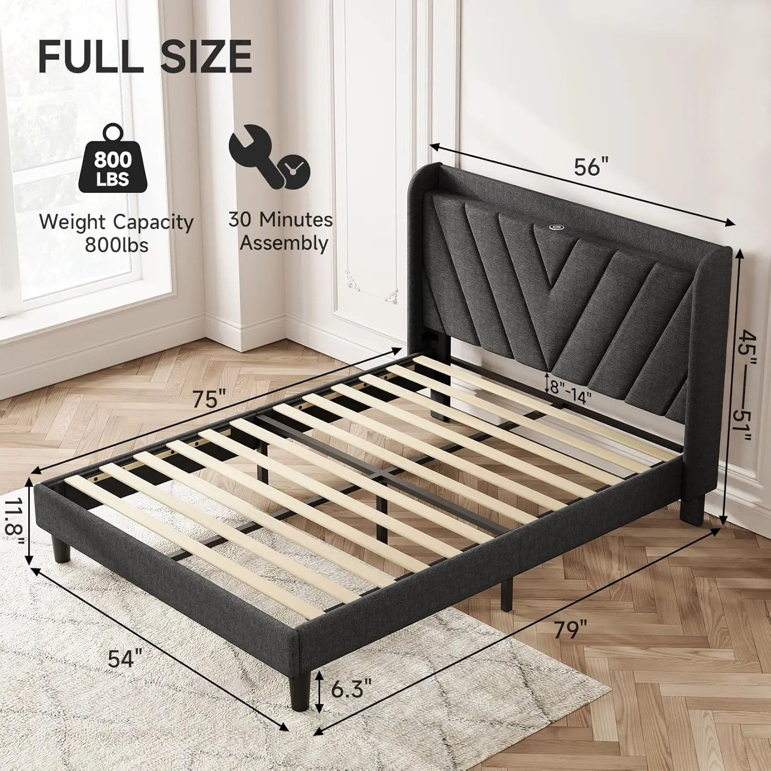 Adjustable cushioned platform bed frame with Type-C and USB ports, storage headboard, no need for box springs, dark gray