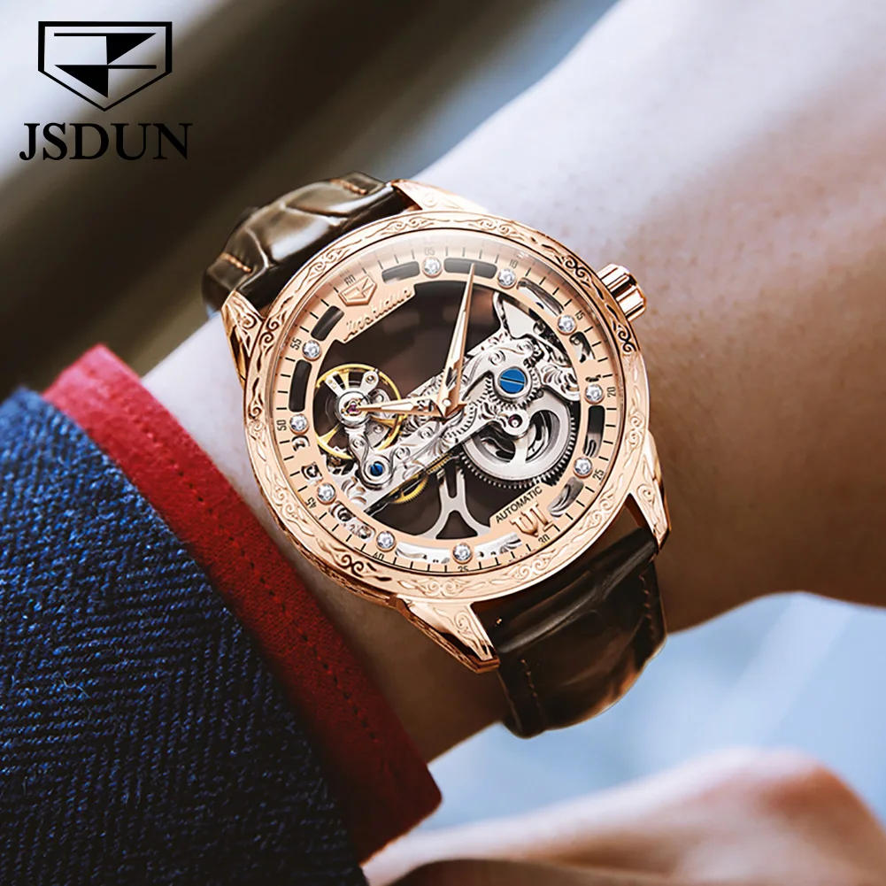 JSDUN Brand Men\'s Fully Automatic Mechanical Watches Transparent Design Relief Dial Waterproof Luminous Fashion Watch for Man