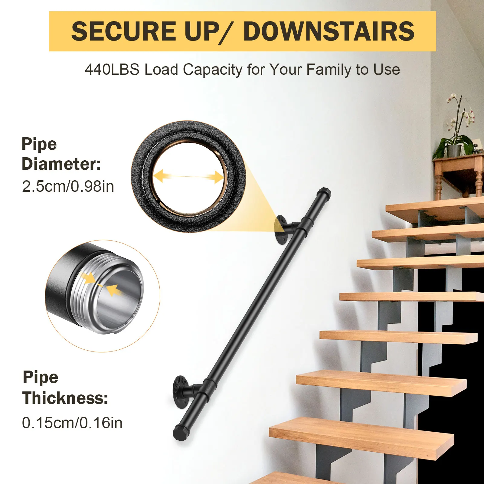 Main courante d\'escalier intérieure en métal pour personnes âgées, tuyau noir, montage mural, barres d\'appui, garde-corps en métal, utilisation