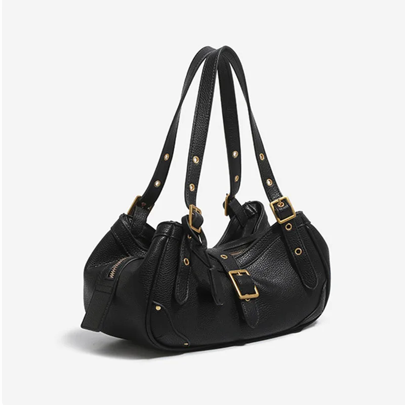 New Motorcycle Style Multi‑layer Shoulder Handbag for Women, Fashion Luxary PU Soft Leather Medium Size Commuter Underarm Bag