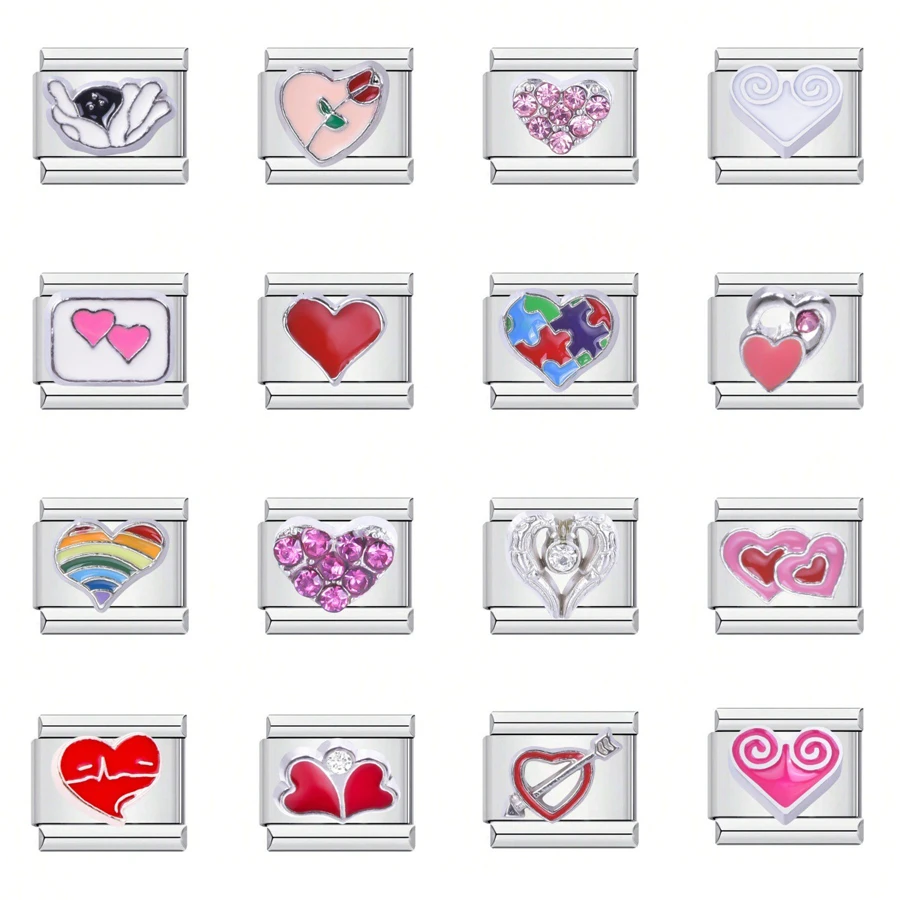 1PC DIY Stainless Steel Italian Charm Links Fit For 9mm Bracelets Women Men Jewelry Making Accessories Heart Love CZ Rhinestone