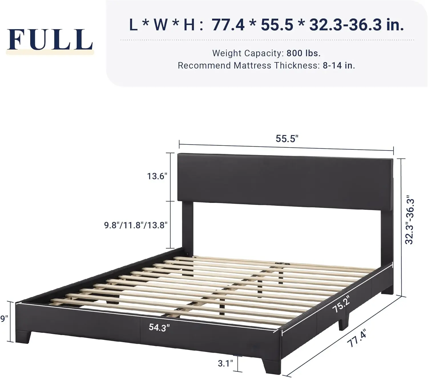 

Full Size Bed Frame with Adjustable Headboard, Faux Leather Platform Bed with Wood Slats, Heavy Duty Mattress Foundation,Black