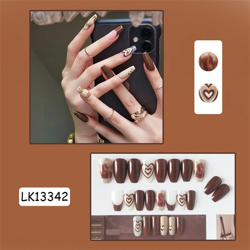 

24Pcs/Set Fashion Brown Fake Nails French Adhesive Full Coverage Wearing False Nails Medium Flat Head Acrylic Press on Nail Tips