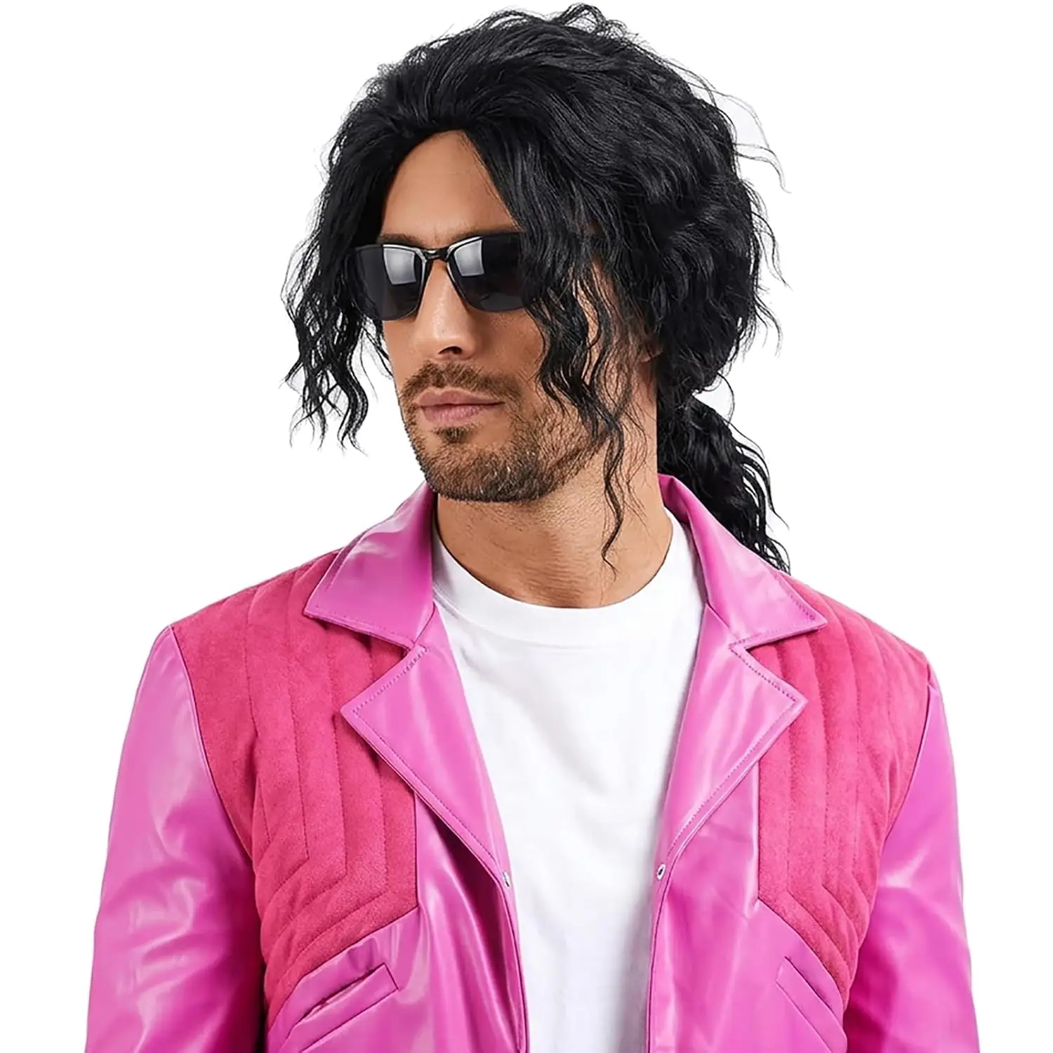 Mens Black Mullet Wig Long 70s 80s Rocker Star Wig Black Punk Hair Heat Resistant Synthetic Halloween Cosplay Party Costume
