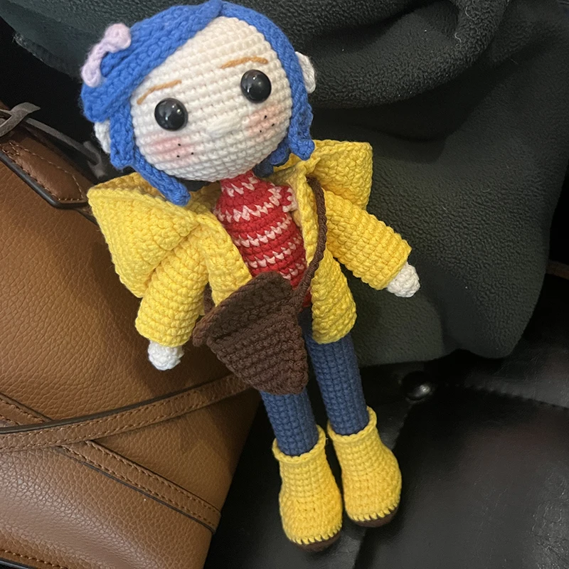 Knitting Dolls Kid Colin girl with blue hair and Yellow coat Birthday Gift Soft Cotton Toys Handmade Knitted Toy (finished produ