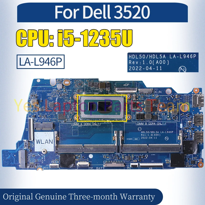 Imagem -02 - Placa-mãe do Portátil para Dell Hdl50 Hdl5a La-l946p Dell 3520 Cn04kdpm Srlfq I51235u 100 Testado