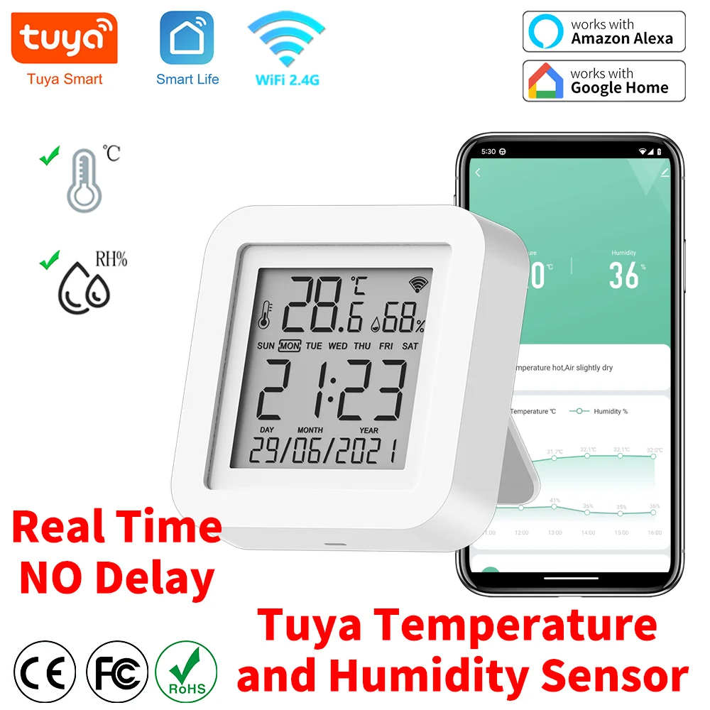 Tuya-Sensor de temperatura y humedad WIFI para hogar inteligente, termómetro, higrómetro, compatible con Google Home y Alexa