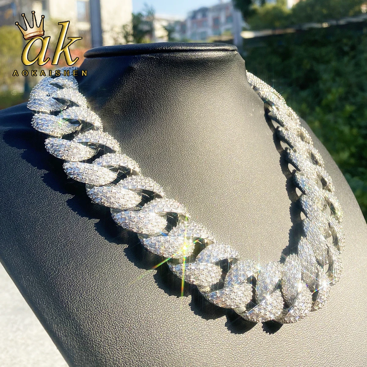Aokaishen 25mm Special Clasp Baguette Cuban Link Chain for Men 5A Cubic Zirconia Gold Plated Hip Hop Jewelry