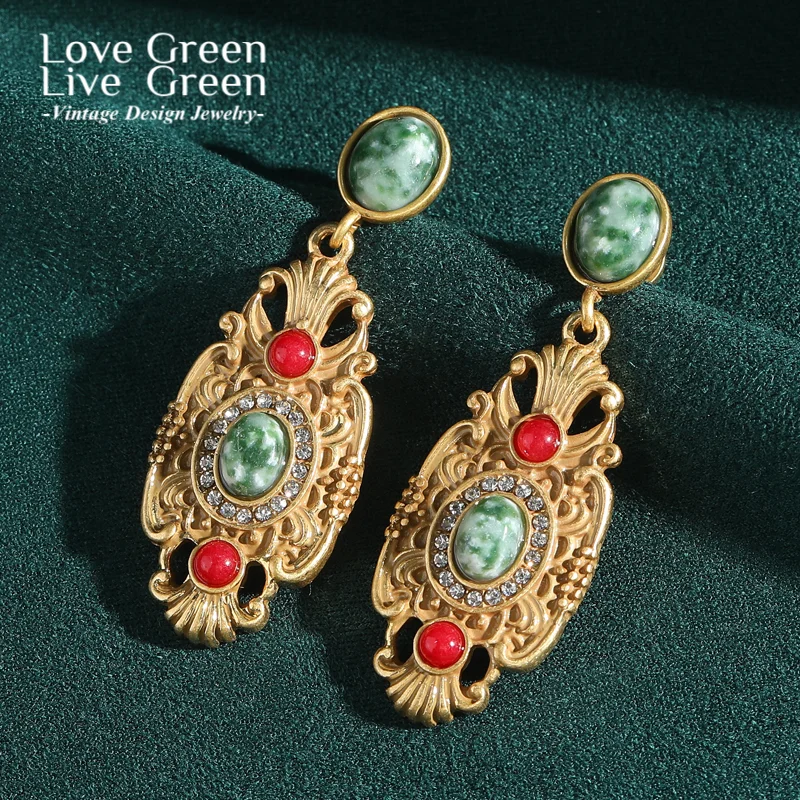 

Vintage Green Natural Stone Drop Earring Palace Antique Gold Color Rhinestone Jewelry For Women Accessories Thanksgiving 2025