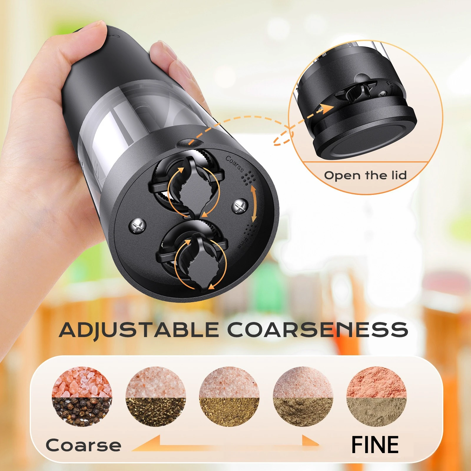 Electric Automatic 2-in-1 Pepper Salt Grinder Dual Chamber with Separate Grinding Heads USB Adjustable Mill for Kitchen Cooking