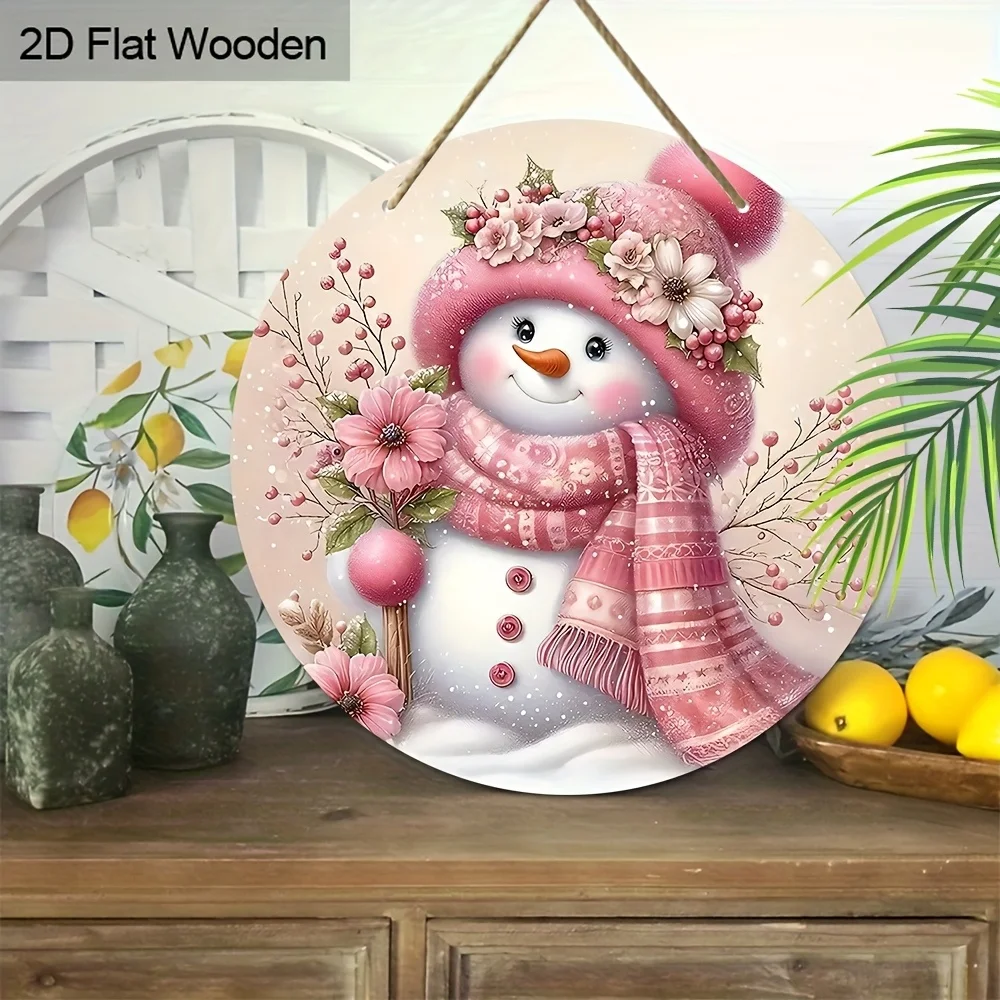 2D Flat, 1pc Pink Wood Christmas Wreath with Snowman, Winter Flowers & Fruits - Flat Hanging Xmas Porch Wreath Suitable for Outd