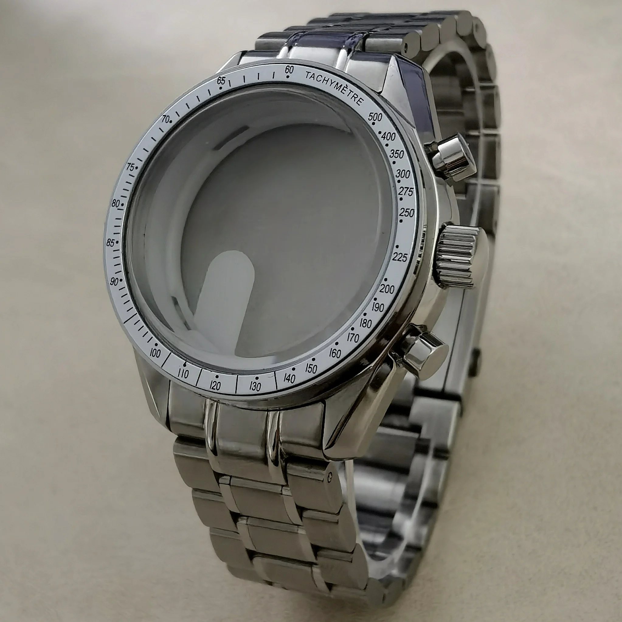 

40mm VK63 Quartz Movement Stainless Steel Sliver Case Strap Speed Master Style Moon Pattern Back Cover Fit 32.5mm Dial
