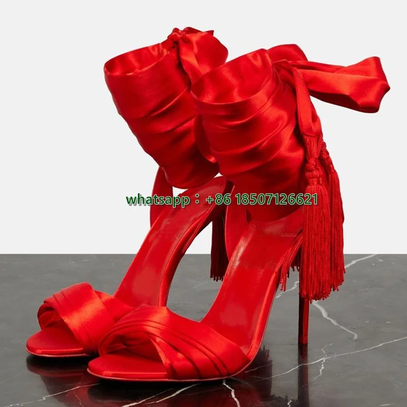 

Red Satin Ankle Strap Tassel High Heels Round Toe Open Toe Stiletto Sandals