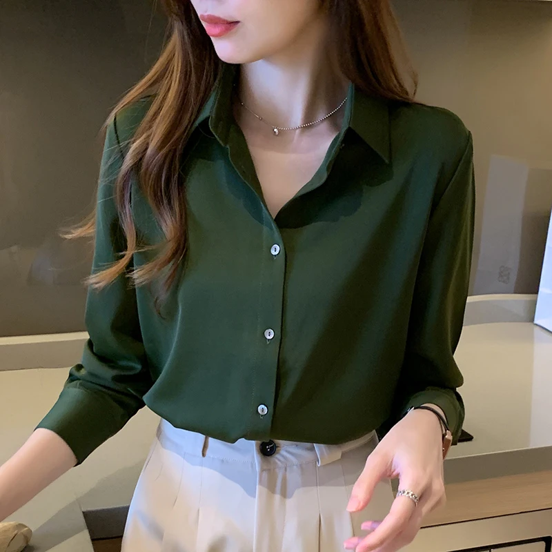 Elegant Satin Blouses Women 2023 Suit Shirts Office Lady Work Wear Shirts Green White Tops Femme Blusas Long Sleeve Clothings