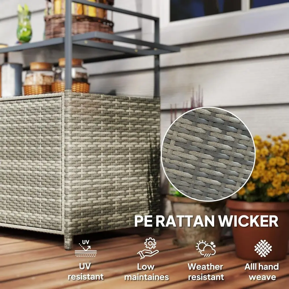 PE Rattan Outdoor Storage Cabinet, Wicker Outdoor Bar Table Kitchen Island with Wheels & 2-Tier Shel, Patio Serving Cart with Gl view 4