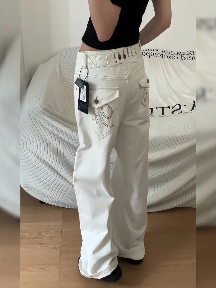 Retro American Paris Buckle Design Loose Women's Jeans Spicy Girl Personality Match Long Pants Natural Waist Pure Color