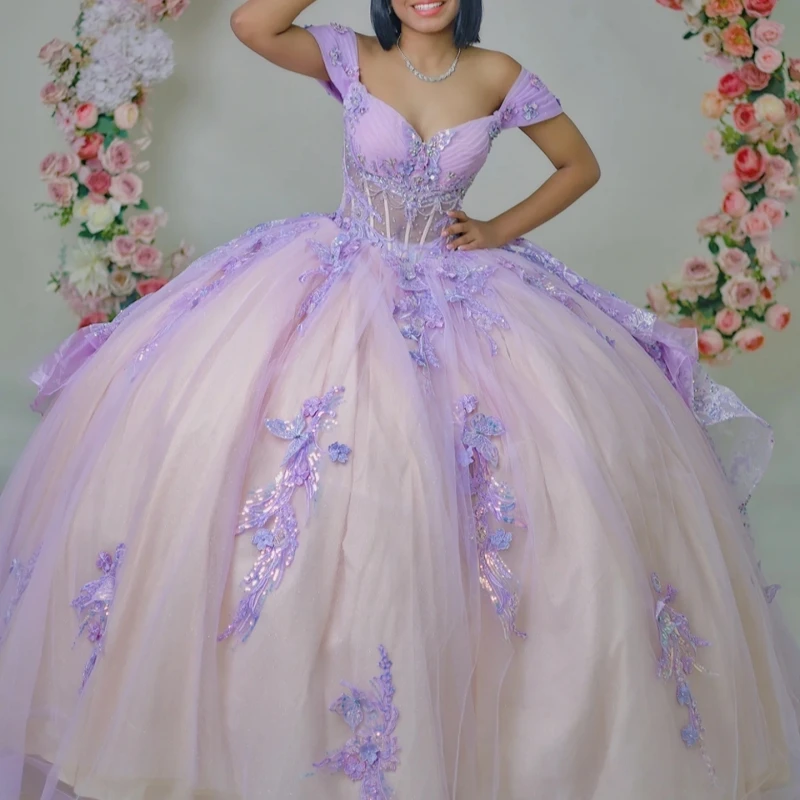 

Lavender Shiny Quinceanera Dresses Off The Shoulder Applique Lace Beading Crystal Champagne Lining Party Birthday Sweet 16 Dress
