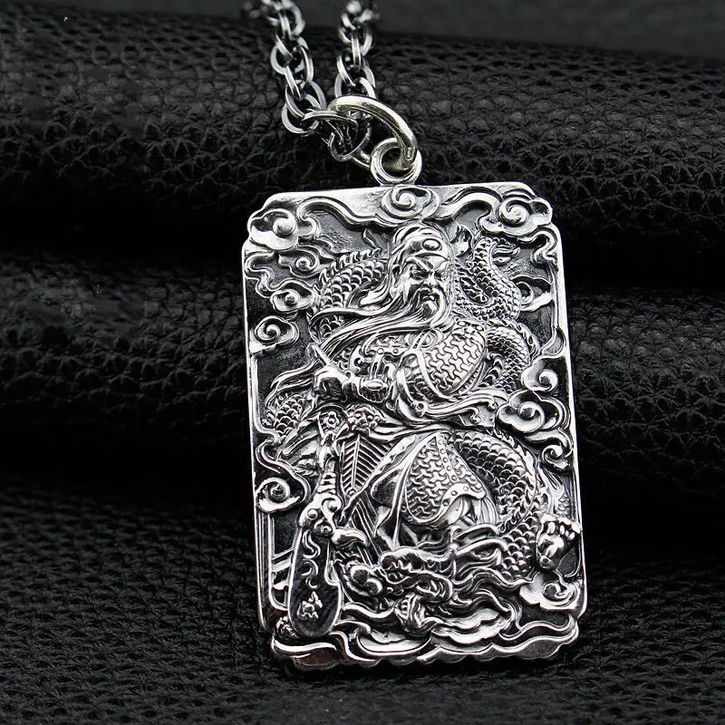 999 Pure Silver Guan Yu Pendant Pure Silver Domineering Vintage Thai Silver Men's Dragon Necklace Square Plate Gift Retro Style