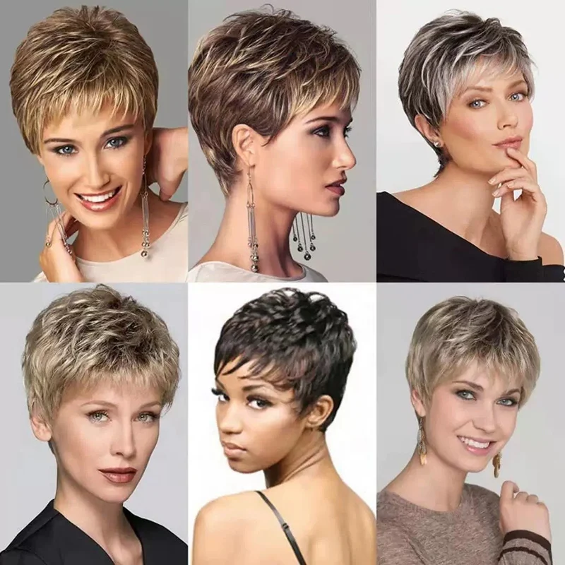 Euramerican Middle Age Woman Daily Wear Wig Brown Mixed Chemical Fiber Filament Button Mesh Short Straight Simulated Hair