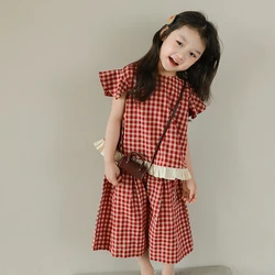 2023 Summer New Girls' Plaid Set Personalized Small Flying Sleeve Short Sleeve+ Wide Leg Pants Fashion Clothes Suit