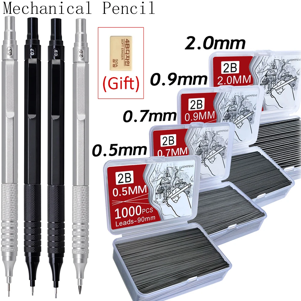 Conjunto de Lápis Mecânicos de Metal com Refil de Grafite 2B para Desenho, Lápis Automático de 0.5, 0.7, 0.9, 2.0 mm para Escola, Escrita e Materiais de Arte
