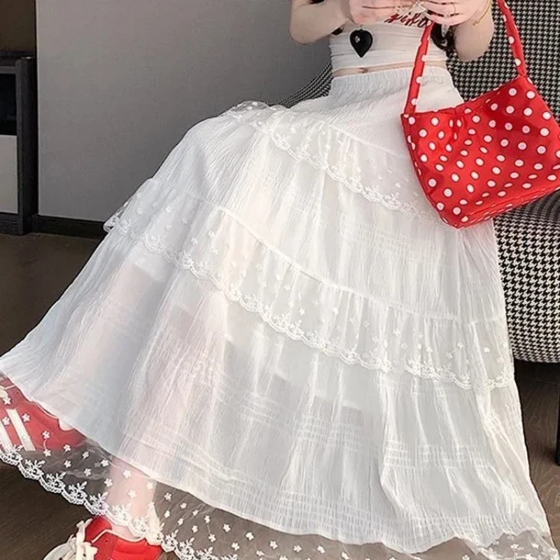 

Белая многослойная кружевная юбка-баллон для женщин в стиле Sweet Lolita, длиной до щиколотки, расклешенная, с оборками и вышивкой.