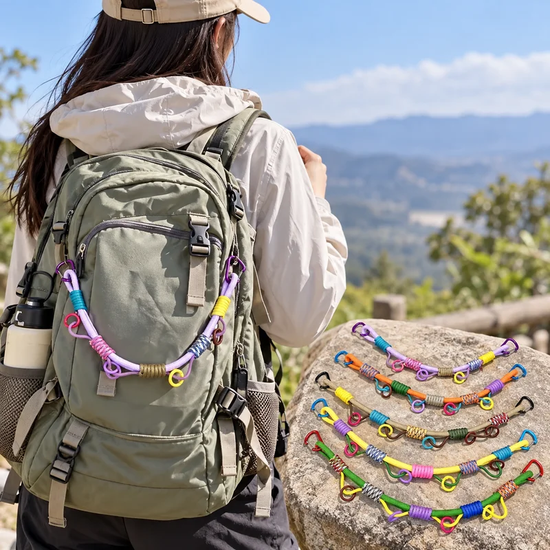 Handwoven Colorful Paracord Backpack Extension Strap, Multi‑Hanging Points Dual Hooks For Outdoor Camping Travel Bag Accessory