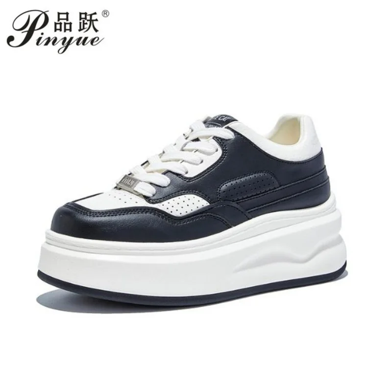7.5CM Women Spring Autumn Mixed Color Vulcanize Genuine Leather Lace Up Stable High Platform Sneakers Fashion Ladies Shoe 35-40