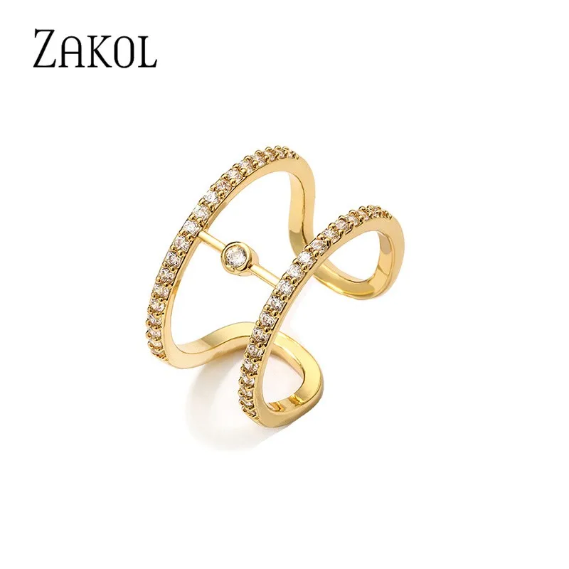 ZAKOL Personality Geometric Cubic Zirconia Open Rings for Women Multilayer Winding Adjustable Ring Gold Color Party Jewelry