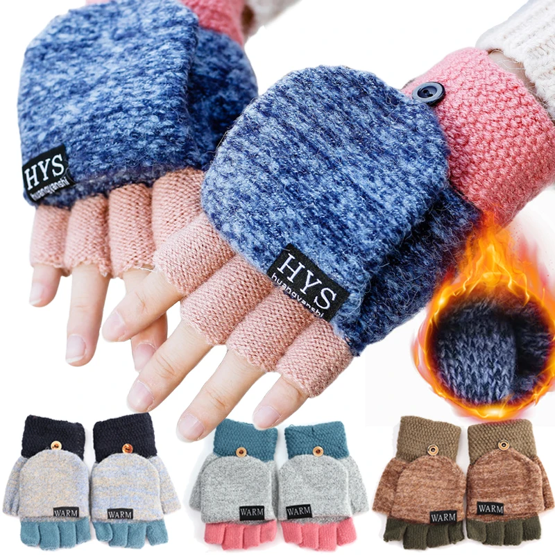 

Women Knitted Flip Fingerless Gloves Exposed harf Finger Mittens Winter Warm Thickened Glove Knitting Wool Touchscreen Gloves