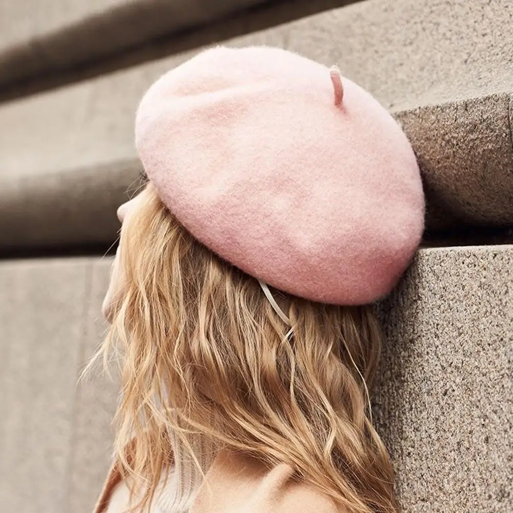 Women's Warm Wool Beret Hat Retro Casual Wool Beret Fashion Solid Black Pink Beanie Hat French Artist Hat Winter Hats For Women