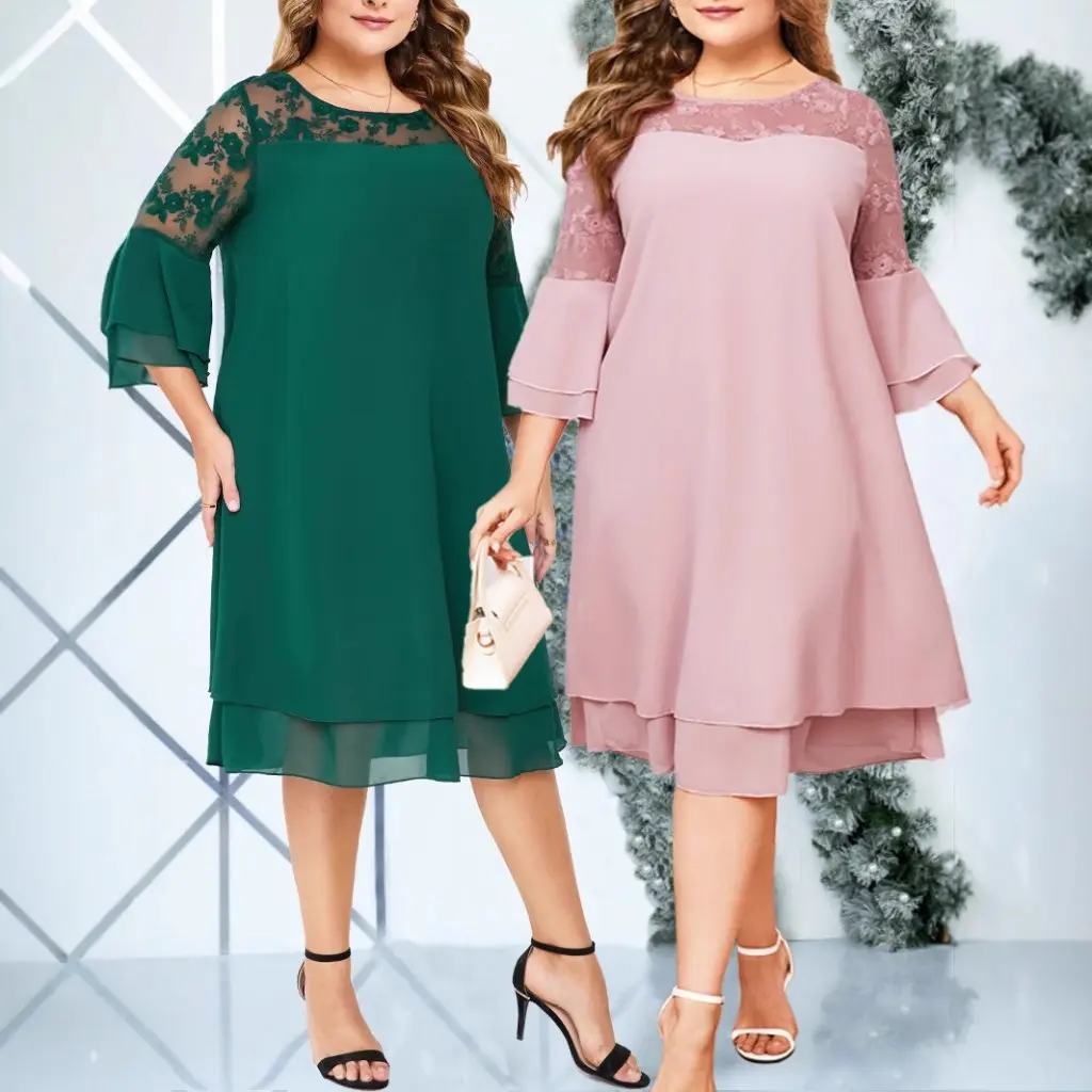 plus Size Women's Fashion Dress Embroidery Stitching Solid Color New Ladies Wholesale Europe America Middle East