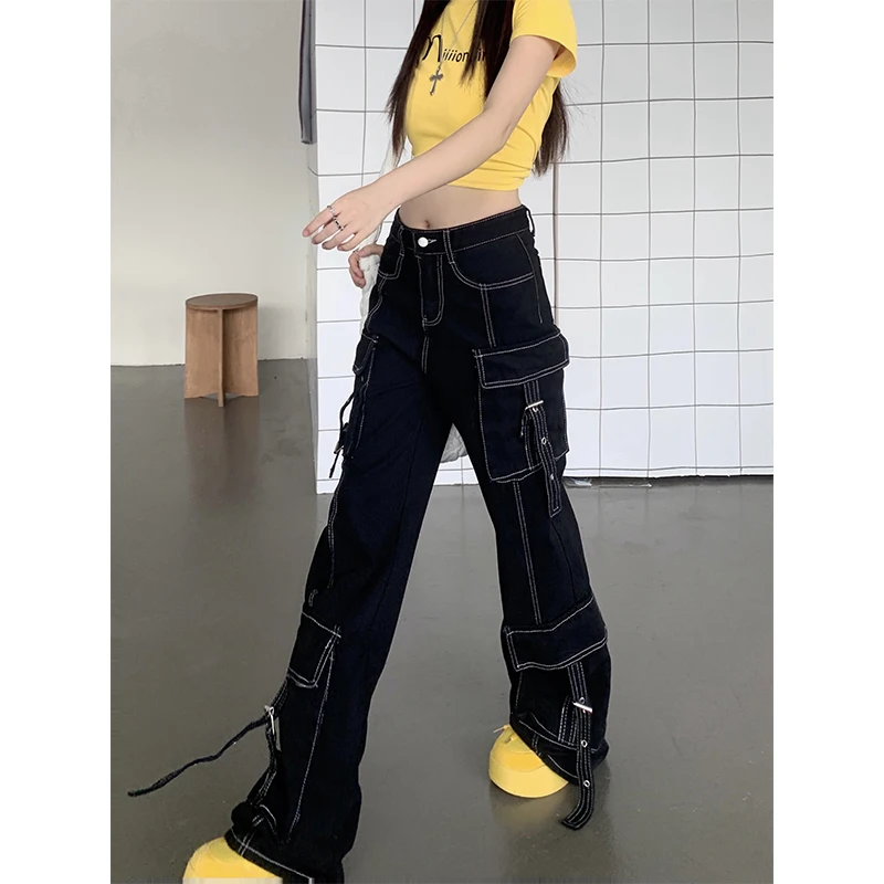 2000s Retro Black Jeans With Strap Function Women Country Fashion Multi-Pocket Lines Decorated Fashion All-In-One Straight Pants