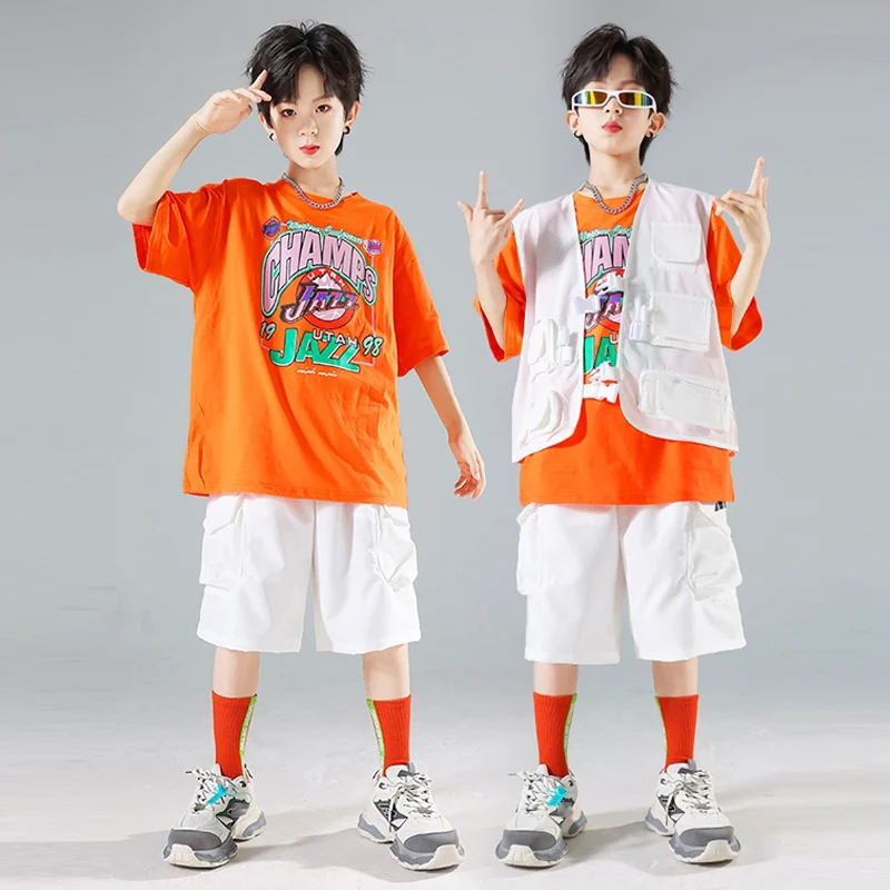 

Jazz Dance Stage Outfit Boys Orange Top T-Shirt Hip Hop Dance Shorts White Street Dance Suit For Children Fashion Streetwear 487