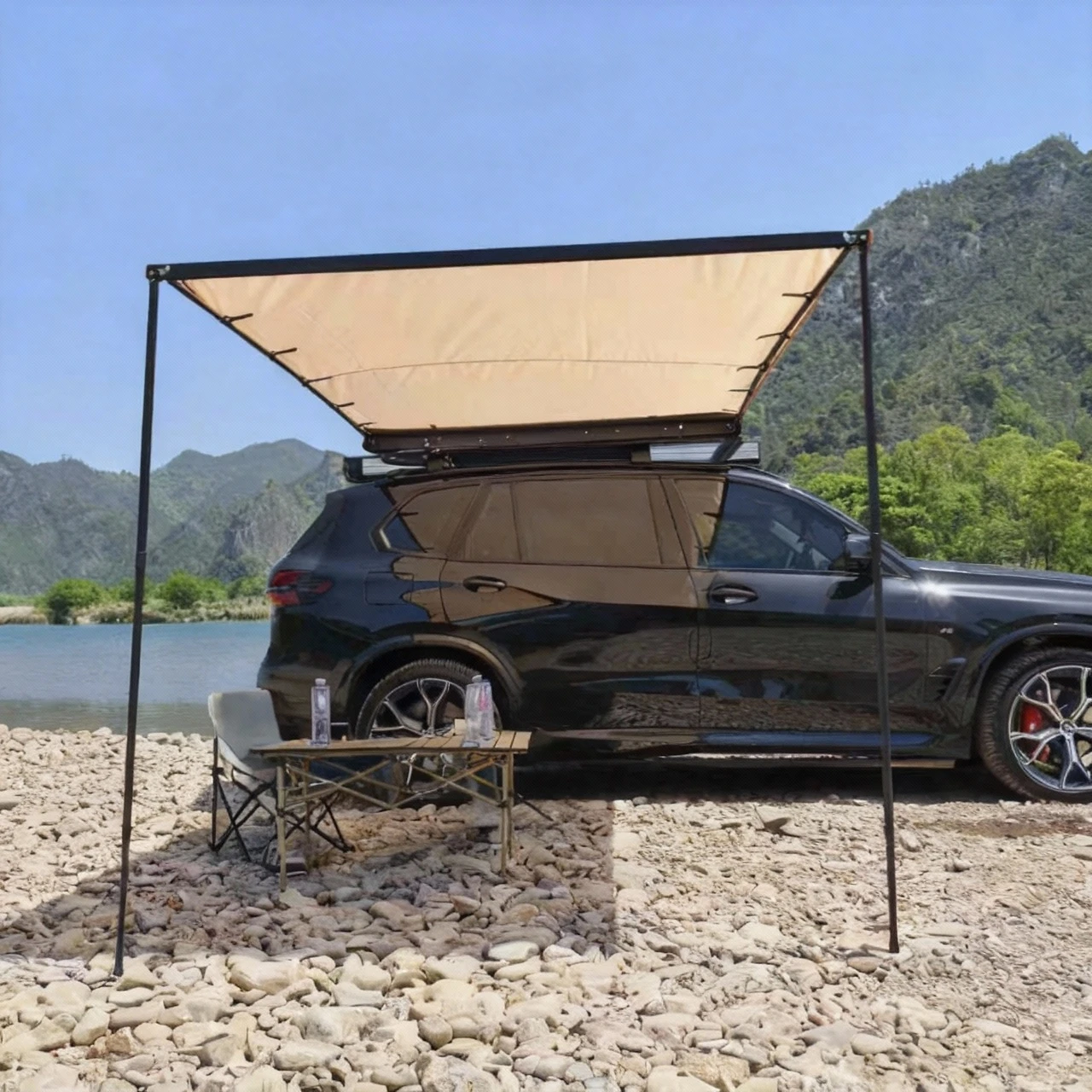 270 Degree Telescopic Car Tent with Aluminum Hard Shell and Polyester Fabric Sunshade Sector Side Mounted Single Layer