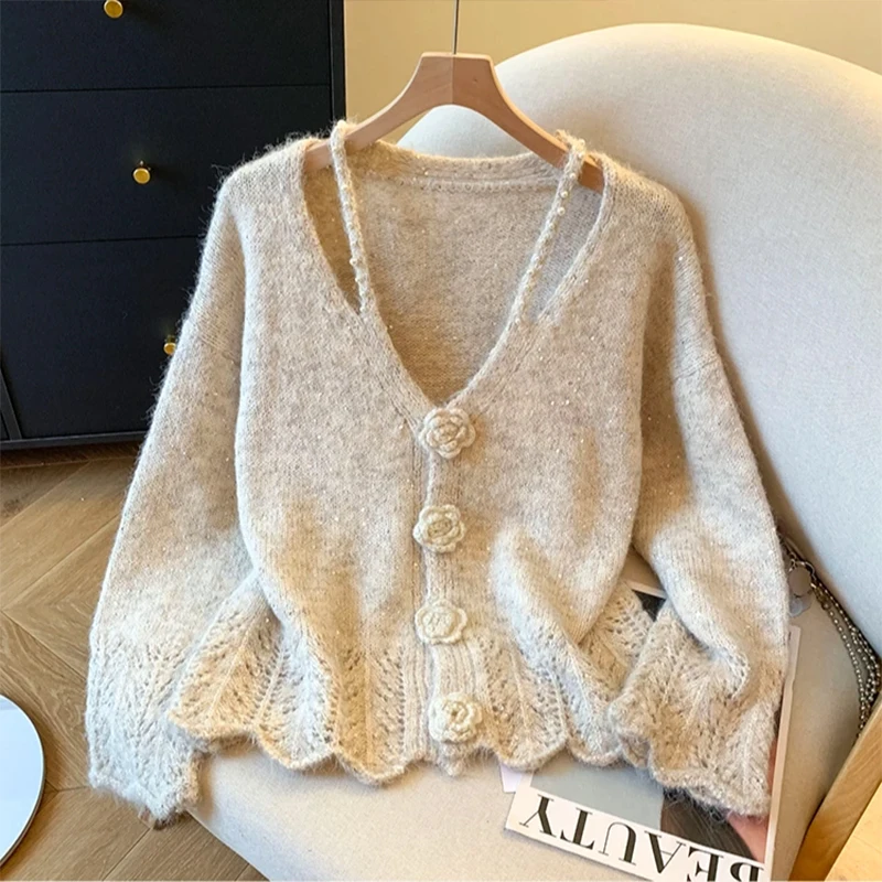 

Women's V-Ne Knitted Sweater Hollow out Floral Hook Soft Cozy Autumn Winter Pearl Long Sve Top Commute Sle Loose Fit