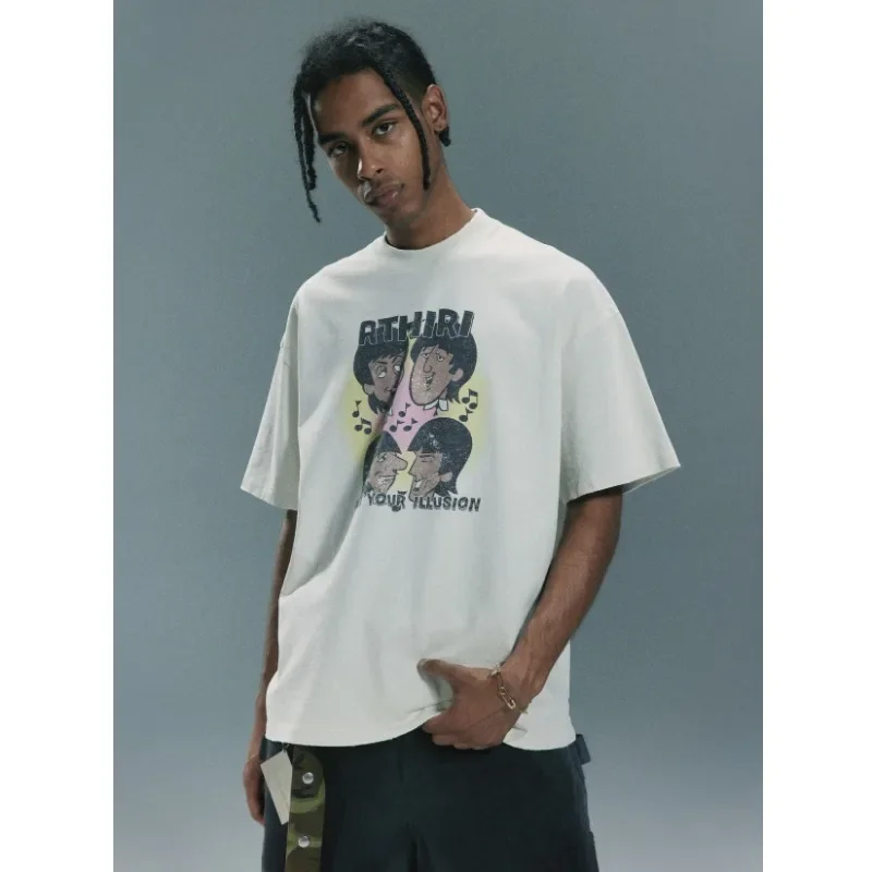 

ATHIRI Cartoon vintage Conley Print Wash water done old boxy Short sleeve T-shirt men's and women's luxury 100% cotton Y2K