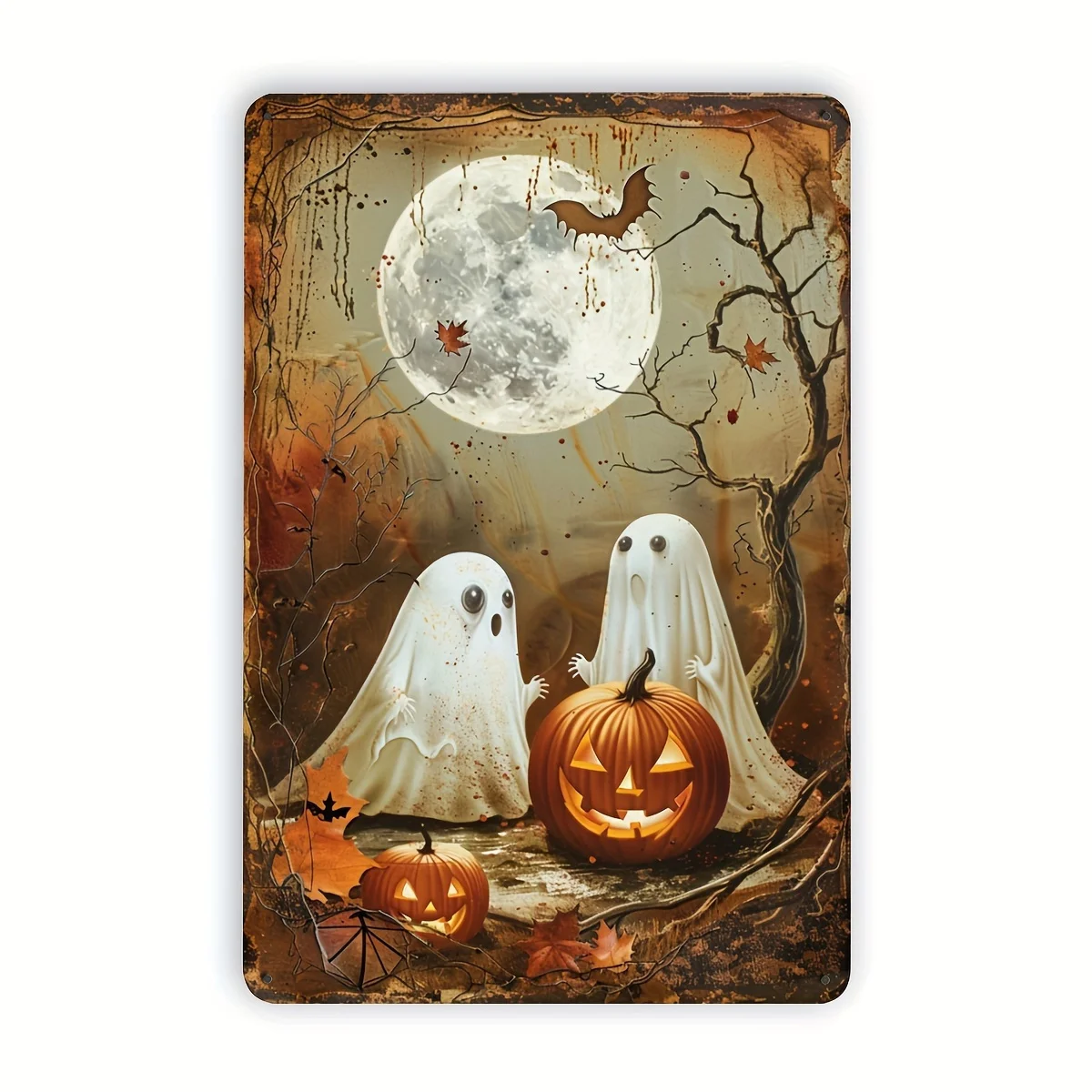 2D Flat, Vintage Halloween Metal Tin Sign- Spooky Ghosts, Pumpkins& Bats Wall Art- Durable Bend-Resistant Rustic Decor for Garde