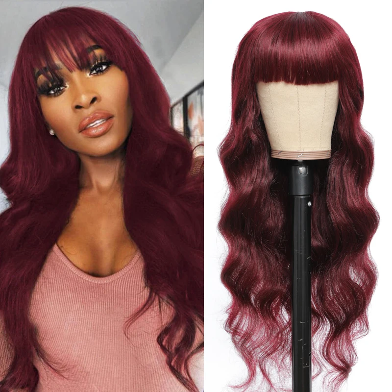 

Body Wave Fringe Wig Brazilian Human Hair Wigs With Bang 99J/Burgundy Red Colored Remy Full Machine Bangs Wig For Women 150%