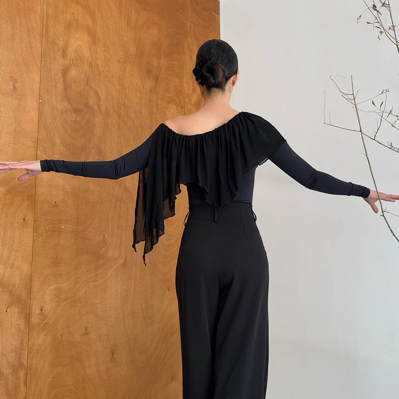 Schwarz Mesh Ballroom Dance Kostüm Frauen Lange Ärmel Bühne Body Erwachsene Walzer Modern Dance Performance Praxis Tops XH2919