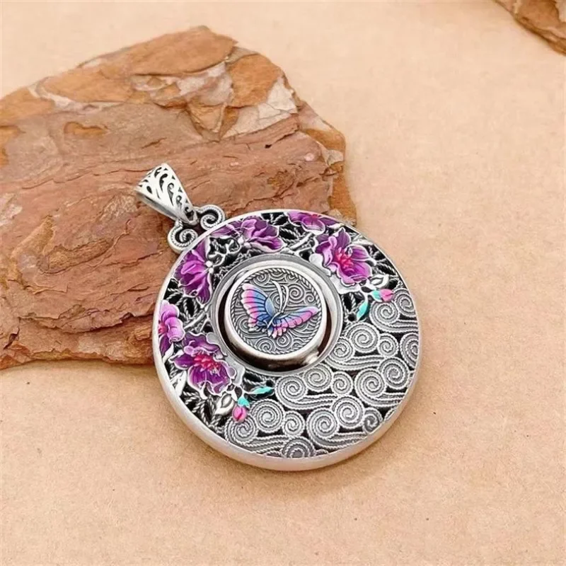 

925 Silver Archaic Rhyme Pink Purple Flower Butterfly Pendant Enamel Round Necklace for Women Chinese Style Accessories Jewelry