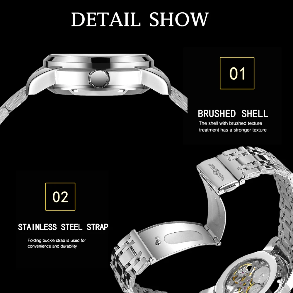 T-WINNER Fashion Luxury Men's Skeleton Automatic Mechanical Watches Luminous Pointers Roman Numerals Steel Business Wristwatches