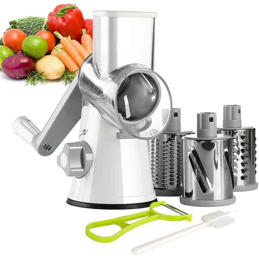 

Rotary Cheese Grater Hand Crank Kitchen Shredder Speed Mandolin Slicer Nuts Grinder with Handle and Drum Blades for Cheese Vege