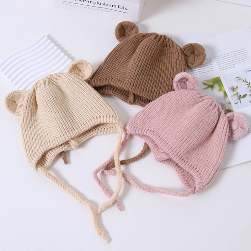 Cute Baby Hat With Ears Autumn Winter Toddler Boys Girls Knitted Beanie Solid Color Infant Kids Warm Earflap Cap